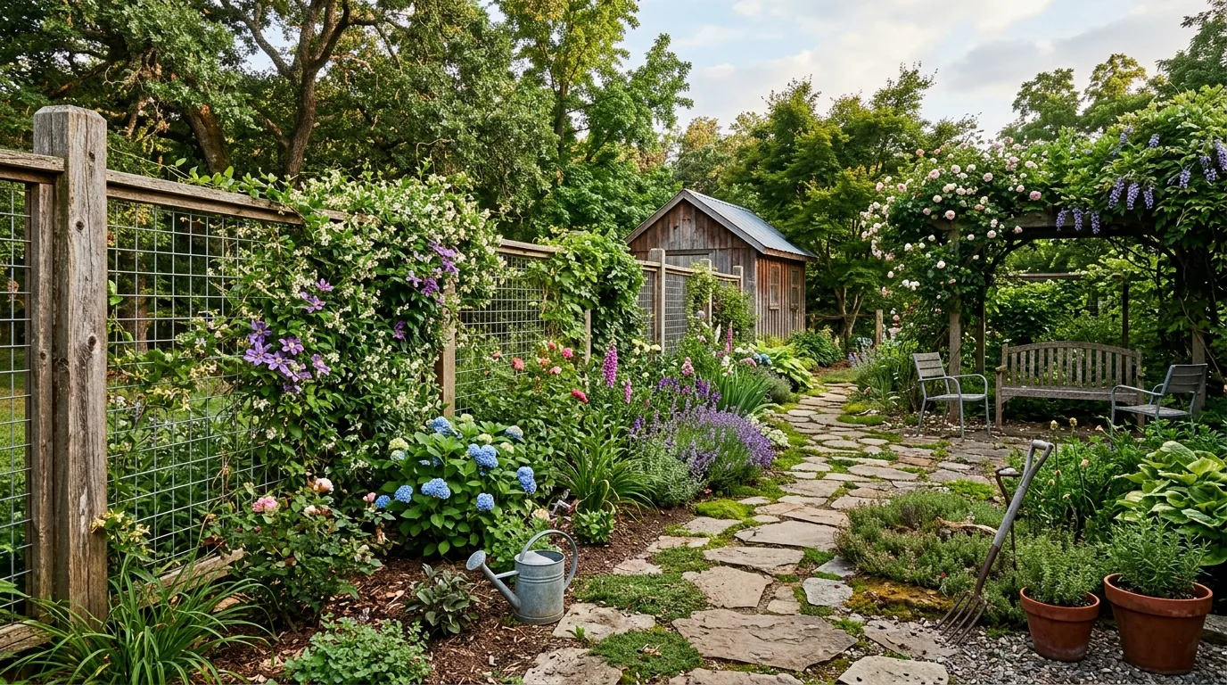 Rustic Backyard With Hog Wire Fence